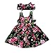 GRNSHTS Baby Girls Flower Print Buttons Ruffles Dress with Headband (Black, 18-24 Months)