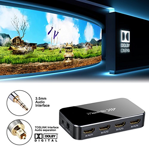 4K HDMI Switch Selector, 4 input 1 output 3D Support, ARC Audio Extractor, with Optical Toslink Audio Out for Home Theater / Multimedia Presentation / HDTV / DVD / PS3 / PS4 / STB / Bluray Player etc