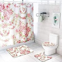 certainPL Floral Shower Curtain Liner Waterproof Fabric Shower Curtains & Non Slip Bath Rug Mat Set of 4 (Rose)