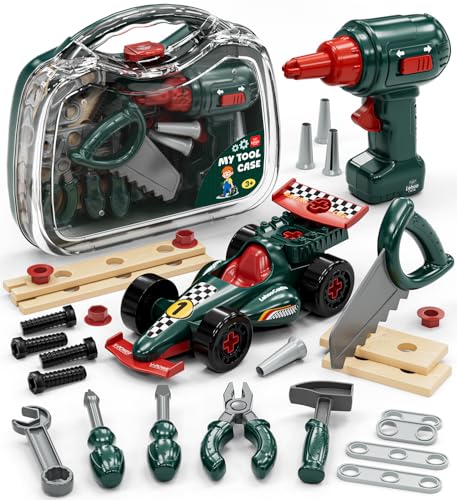 Lehoo Castle Tool Box for Children 2 3 Years, Montessori Toy for Boys 3 4 5 Years with Drill and Removable Racing Cars, Workbench Case Educational Gift for Children Role Play
