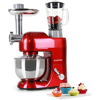 KLARSTEIN Lucia Rossa Kitchen Machine • Multi-function Stand Mixer • 650 Watts • 5.3 qt Bowl • 1.3 qt Mixing Glass • Meat Grinder • Pasta Maker • Blender • Red