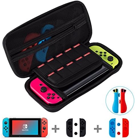 Nintendo Switch Carry Case with 10 Game Card Slots，Puning Switch Travel Carry Case with Tempered Film, Switch Case with 2 Pairs of Silicone Sleeve & Silicone Caps