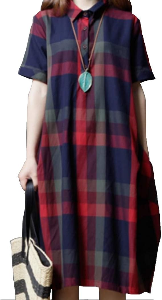 サニーウイング シャツ ワンピ チュニック チェック 柄 ロング 丈 半袖 Aライン 襟 付 春 夏 シンプル レディース ワンピース チュニック 通販 Amazon
