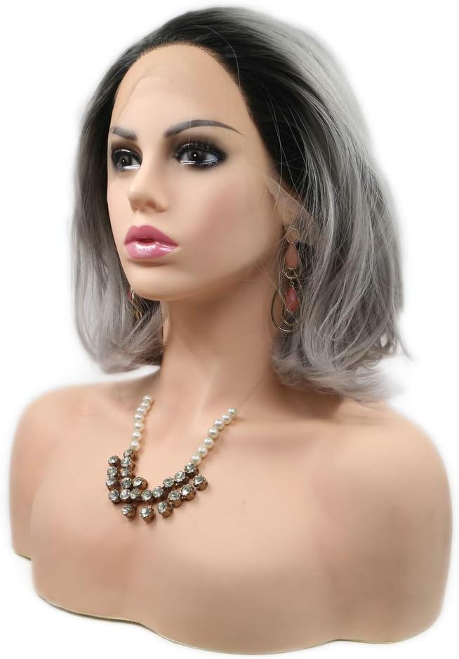 Heat Resistant Shoulder Length Synthetic Lace Front Wigs Short Bob Hair for Drag Queen Black Roots Ombre Grey Wig Summer Pastel Wig 14inches - Image 3