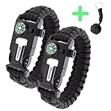 Paracord Bracelet Survival Gear - 550 Premium Black Parachute - Outdoor Emergency First Aid Tool Kit 5 in 1 w/ Compass, Fire Starter, Emergency Knife, Whistle & Rescue Rope - 2 PACK + Monkey KeyChain