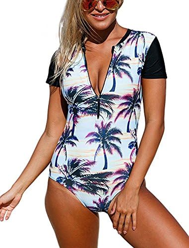Womens Zip Front Printed Half Sleeve One Piece Swimsuit Bikinis