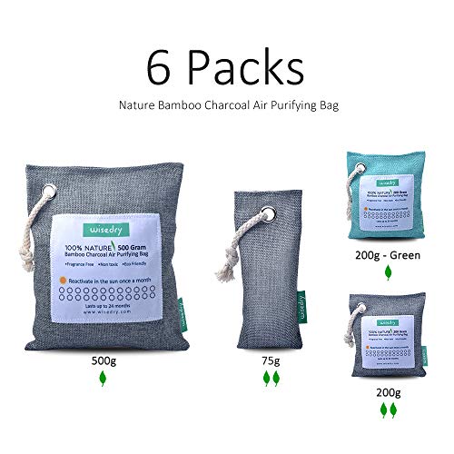 wisedry Bamboo Charcoal Air Purifying Bags (6 Packs), 100% Natural Charcoal Odor Remover, 500g x 1, 200g x 3, 75g x 2