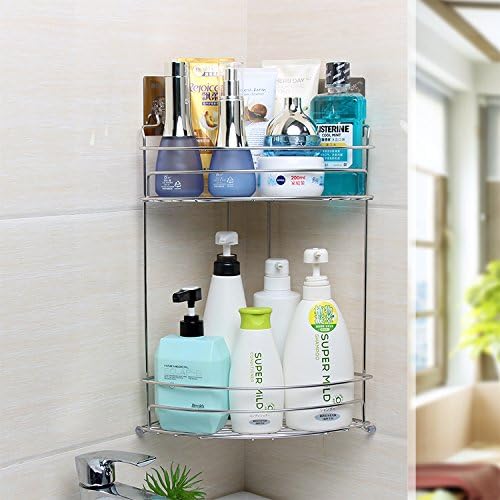 Bathroom Storage Shelf, 2 Tier Powerful Shower Corner Shelves Basket Shower Caddy No Drilling No Holes Stainless Steel Bath Organization Rack (Style B)