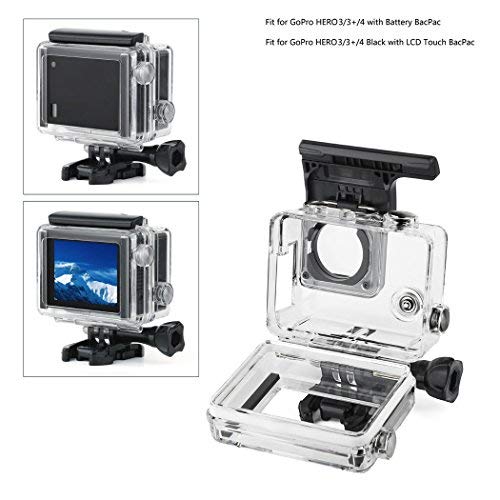 Side Open Protective Skeleton Housing Case with LCD Touch Backdoor and BacPac Backdoor for Extended LCD Screen or Expansion Battery - Compatible with GoPro Hero 4, 3, and 3+ - Transparent Clear