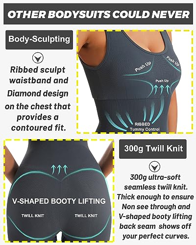 RUNNNG GIRL JUMPSUITS FOR WOMEN WORKOUT TUMMY CONTROL JUMPSUIT ONE PIECE WORKOUT OUTFITS RIBBED UNITARD BODYSUIT(CK2943 GREY S)