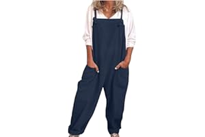 ESCBUKI Linen Jumpsuits for Women Solid Wide Leg Jumpsuit Loose Fit Bib Overalls Jumpsuit Summer Womens Causal Overalls