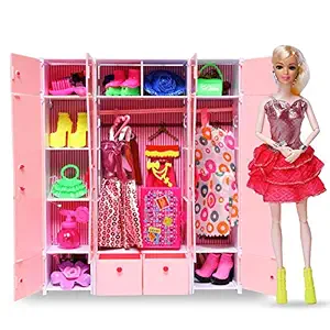 WISHKEY Plastic Beautiful Flexible Doll with Complete Wardrobe Set Full of Fashionable Dresses & Cool Accessories for Girls 3 Years & Above (Pack of 1, Multicolor)
