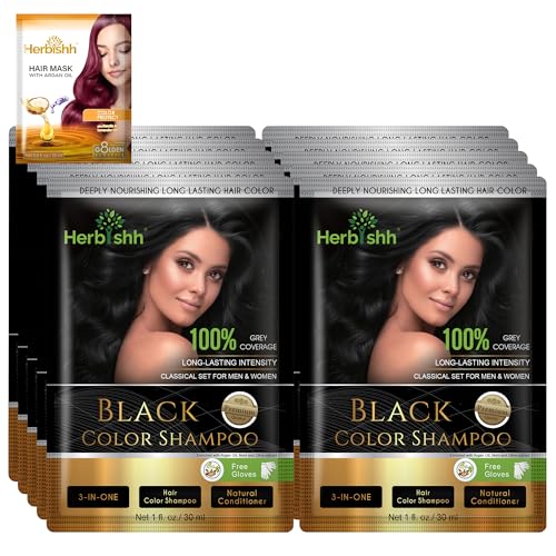 Herbishh Hair Color Shampoo For Gray Hair– Hair Dye Shampoo With Argan Hair Mask–Travel Size-Colors Hair In Minutes–Long Lasting Colour–10Pack+1Pack–Ammonia-Free (Black)