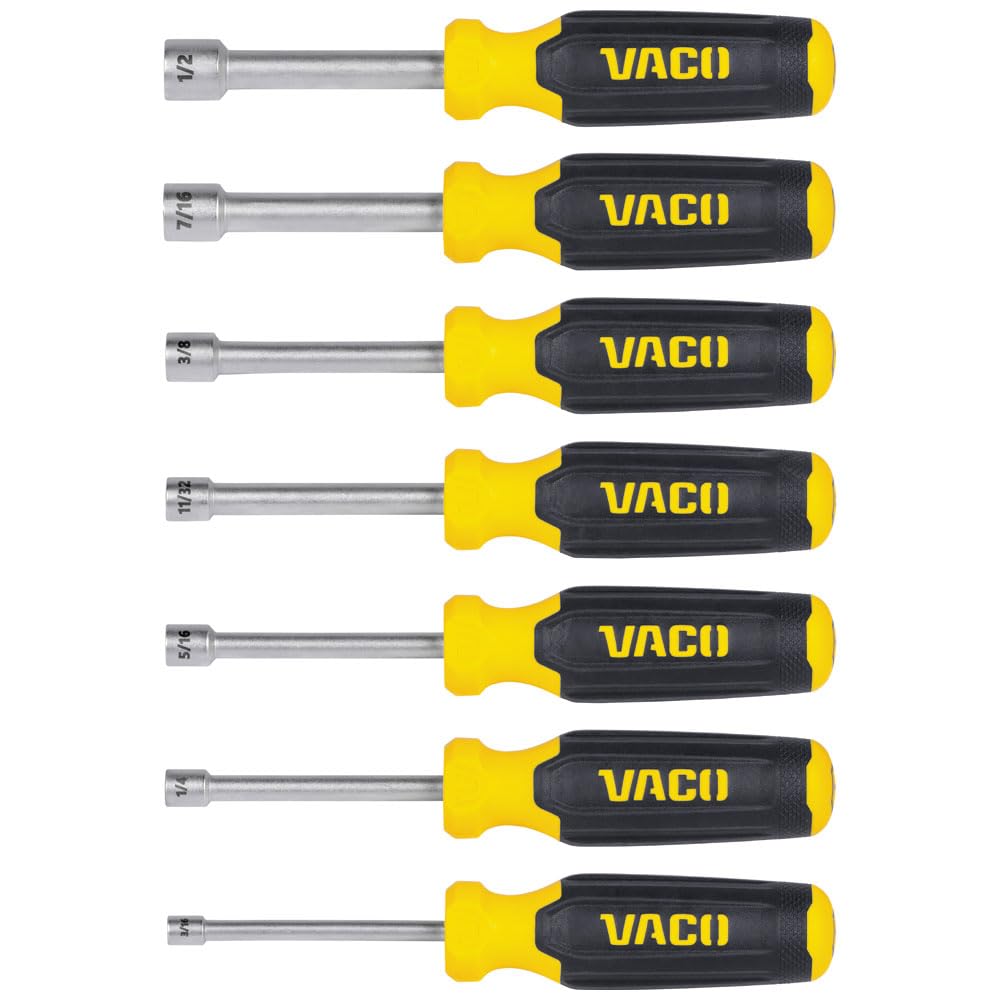 VACO VAC7070 7-Piece SAE Nut Driver Set, Laser Etched Sizes, Magnetic Tip, Hollow Shaft and Comfort Grip for Precise Hex Nut Driving