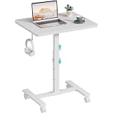 WINAZ Small Portable Rolling Desk Adjustable Height, 24 Inch Mobile Laptop Desk with Wheels for Dorm Room, C-Shaped Table for Sofa and Bed Side, Study Table for Students, White