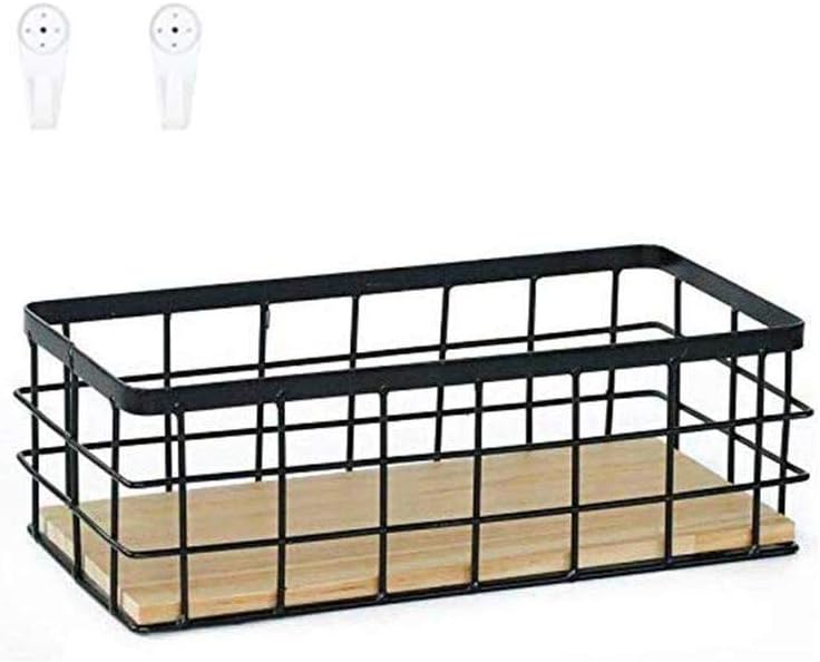Cratone Metal Basket with Wooden Base Black Storage Basket Simple Nordic Bread Container Baskets Wire Utility Basket