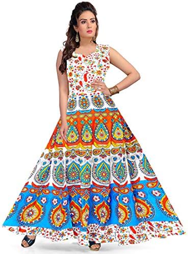 jwf Women's Cotton Jaipuri Printed Maxi Long Dress