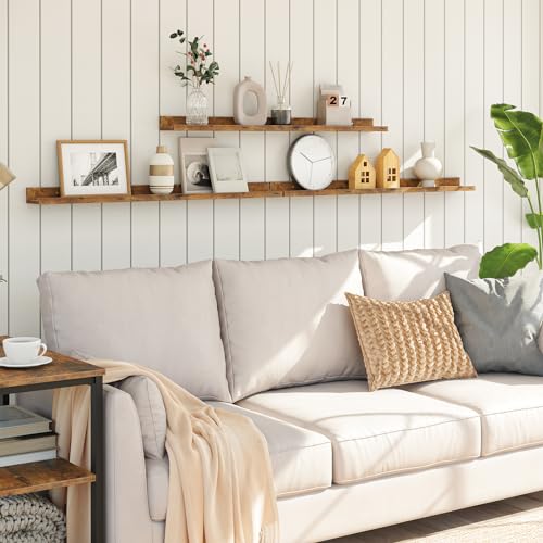 HOOBRO Floating Shelves for Wall, Wooden Floating Shelves Set of 3, Wall Mounted Shelves for Living Room, Wall Shelf with Raised Edge, Invisible Bracket, for Bathroom, Bedroom, Rustic Brown EBF90BJ01