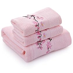See Ustide Luxury Pink Embroidered Bath Towels Set Pink Plum Flower Bath Towels Colorful Hand Towels Cotton Face Towels 3 Pieces Details