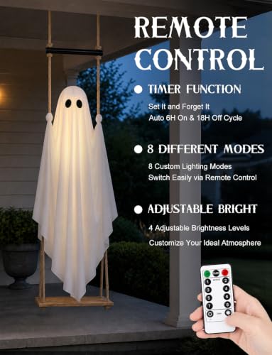 Joyehome Halloween Decorations Outdoor 4.6FT Pre-Assembled Hanging Swing Ghost with Remote Lights Spooky Hanging Ghosts for Porch Yard Tree Party