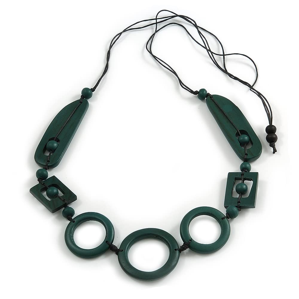 Avalaya Long Geometric Dark Green Painted Wood Bead Black Cord Necklace - 100cm Max/Adjustable