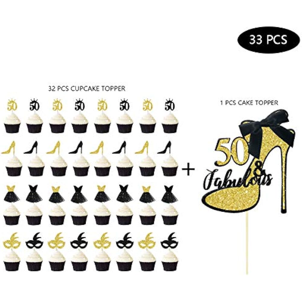 33pcs Black Gold Glitter 50 & Fabulous Cake Topper Fifty And Cupcake