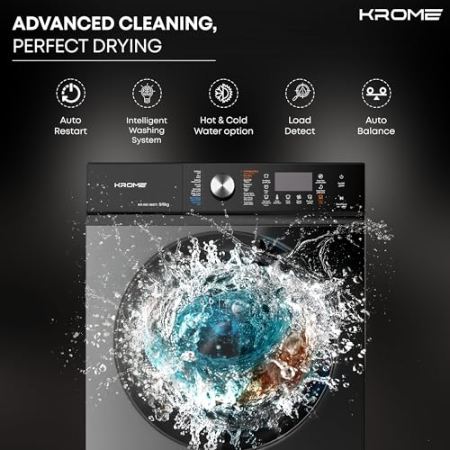 Krome Front Loading Washer Dryer Machine, 9 Kg Washing, 6Kg Drying, 1400 RPM, 16 Program, Variable Temp, Foam Sensing & Removal, BLDC Motor, Auto Restart & Balance, Load Detect, Child Lock -KR-WD96STI