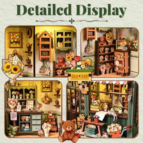 Chinoket Book Nook Kit –Sala de flores Aura Verde(Romance eterno),Puzzle 3D de Madera con Luz LED, Miniatura Creativa para niños y Adultos, Decoración Hogareña y Regalo Original