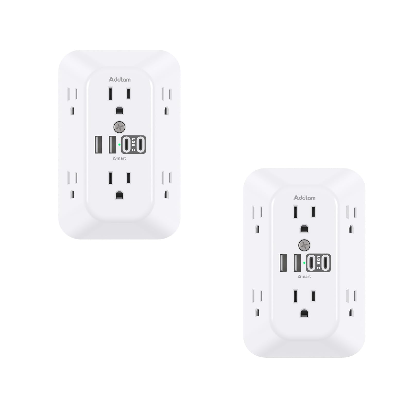 Addtam Surge Protector Outlet Extender, 6-Outlet Splitter with 4 USB Wall Charger(2 USB-C Ports), Multi Plug Wall Outlet 1800J Power Strip, 2 Pack