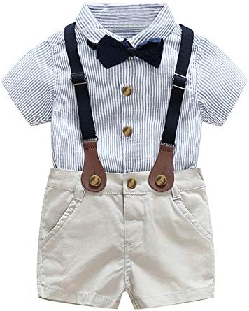 Tem Doger Baby Boys Cotton Gentleman Bowtie Long Sleeve Shirt+Overalls Shorts Outfits Set
