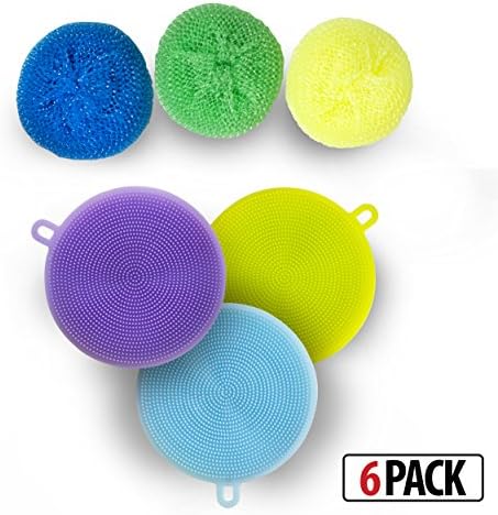 MagicScrub - Antibacterial Silicone Dish Scrubber with Cleaning Sponge for Kitchen | Odor-Free, Mildew-Free, Non Stick Brush (6 Pack Multi-color, 3 silicone scrubbers + 3 sponges bonus)