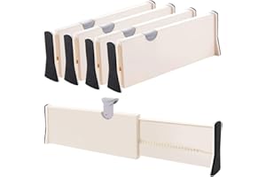 JONYJ Drawer Dividers Organizer 4 Pack, Adjustable Separators 4" High Expandable from 11-17" for Bedroom, Bathroom, Closet,Clothing, Office, Kitchen Storage, Strong Secure Hold, Foam Ends, Locks in Place