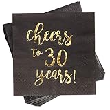 50-Pack Cocktail Napkins - Disposable Paper Party Napkins with Cheers to 30 Years! Printed in Gold Foil, Perfect for Birthday and Anniversary Celebrations, 5 x 5 inches Folded, Black