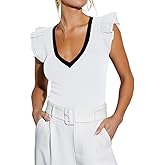INFITTY Women's V Neck T Shirts Ruffle Sleeve Tops Dressy Sexy Sleeveless Slim Fitted Ribbed Tank Top Summer 2026