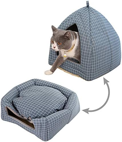 laamei Cat Tent Bed, Cat House Bed, 2-in -1 Cat Bed Self Warming Triangle Foldable Cat Cave Bed Enclosed Cat House Nest for Small Cat Dog Puppy Kitten Large Grey
