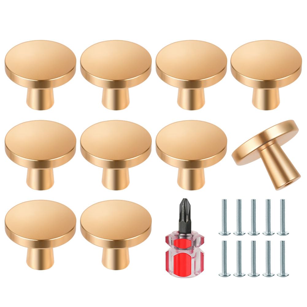Ainiv 10 PCS Gold Cabinet Knobs, 30mm Round Drawer Knobs, Mushroom Dresser Handle, Single Hole Cupboard Handle, Aluminum Alloy Cabinet Knob with Screws for Kitchen Wardrobes Bathroom Home Decoration
