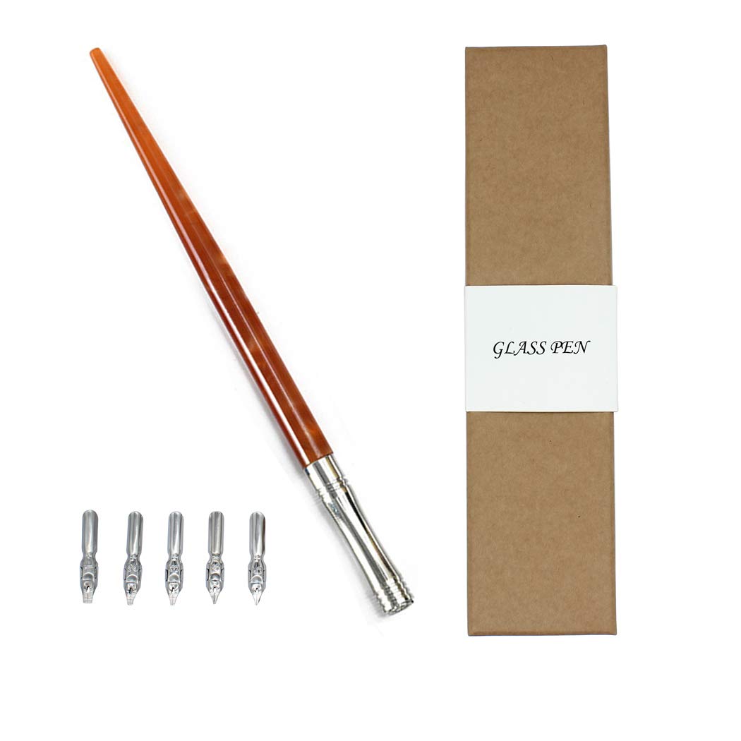 Hillento Resin Calligraphy Nib Pen Point Holder, Oblique English Calligraphy Pen Nib Holder with 5 Flat Nibs, Brown