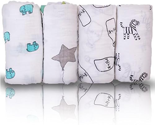 Muslin Swaddle Baby Blanket (4 Pack Cute Design) - 47 x 47 inch Large Muslin Swaddle Wrap - Soft Swaddle Blankets โ Perfect Baby Shower Gift โ Gentle on Sensitive Skin - Baby Swaddle Blankets