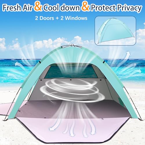 Beach Tent, UV Protection 80+ Beach Tent with 2 Zipped Doors and 2 Mesh Windows Anti UV Tent for Family, Carry Bag, Beach Shelter