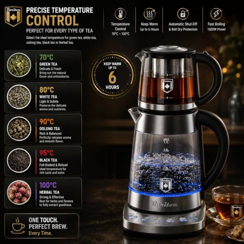 Bariton Electric Tea Maker – Glass Kettle + Stainless Steel Infuser – Keep Warm Function – Auto Shut-Off – BTM-1785GS