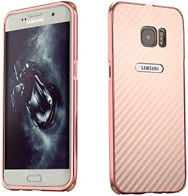 Galaxy S7 Edge Phone Case, FBNK Samsung S7 Edge Case Rose Gold Carbon Fiber Texture Design Metal Bumper Cover Crystal Clear Case Aluminum PC Metal Frame Shockproof Protective Back Shell