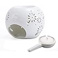 Ceramic Tealight Candle Holder White Essential Oil Burner with Candle Spoon, Round Incense Holder Ornament for Home Decoration/Christmas Decor/Housewarming Gift/Yoga/Spa (Romantic Flower Pattern)