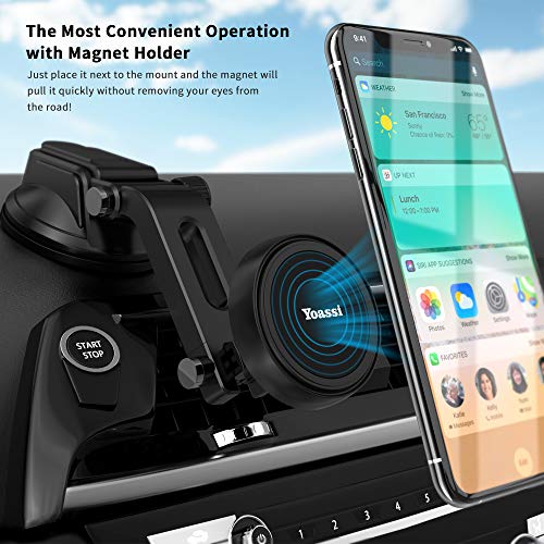 Yoassi Magnetic Car Phone Mount, Hands Free Dashboard Windshield Cell Phone Holder with Multi-Angle Arm Sticky Suction Cup Compatible with iPhone XS Max XR X 8 7 6 Plus Samsung Galaxy S10 S9 S8 Note 9