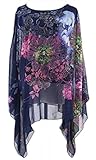 Women's Bohemian Floral Loose Chiffon Blouse Caftan Poncho Tunic Tops (Blue-1)
