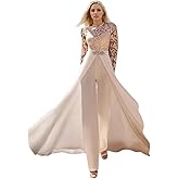Qlfhitm Casual Prom Dresses for Women Two Piece Jumpsuits Wedding Dresses Chiffon Formal Gowns with Appliques Crystal Brooch