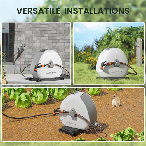 Giraffe Tools Retractable Hose Reel with 30M, Heavy Duty Ground Mount Garden Hose Reel, with 7-Function Sprayer Nozzle & Flexible Swivel Base