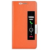 Huawei P10 Plus Case, Genuine Leather Huawei P10 Plus Cover Case Window View Stand Feature Ultra Thin Flip Magnet Closure Phone Case for Huawei P10 Plus by Make mate (Orange)