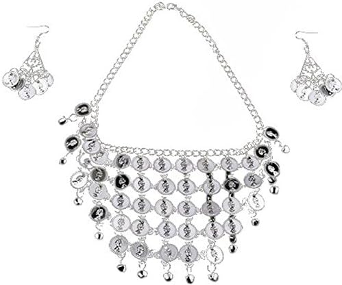 Swrose Belly Dance Gypsy Jewelry Necklace & Earrings (Silver)