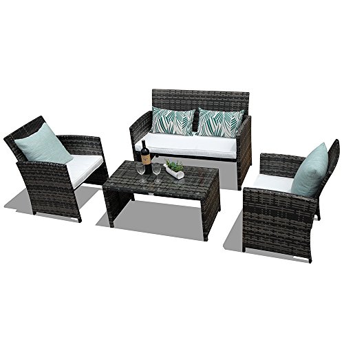 PATIOROMA Patio Conversation Set, 4pc Rattan Sectional Furniture Set with Cream White Seat Cushions, Outdoor PE Wicker, Gray