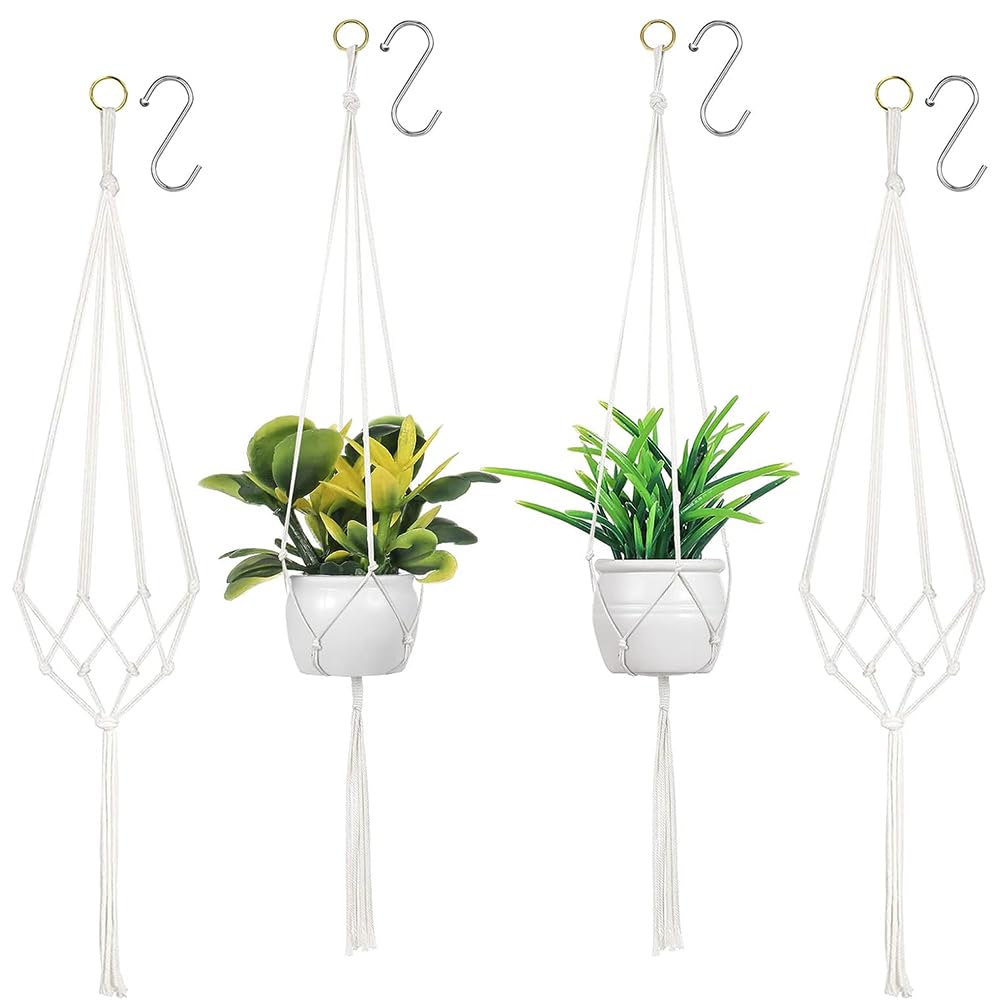 YZDZSW 4 Pack Macrame Plant Hanger, String Hanging Plant Holder, Plant Hanger Indoor with 4 Hooks, Wall Flower Pot Decoration for Indoor Outdoor Balcony (90 * 105cm)